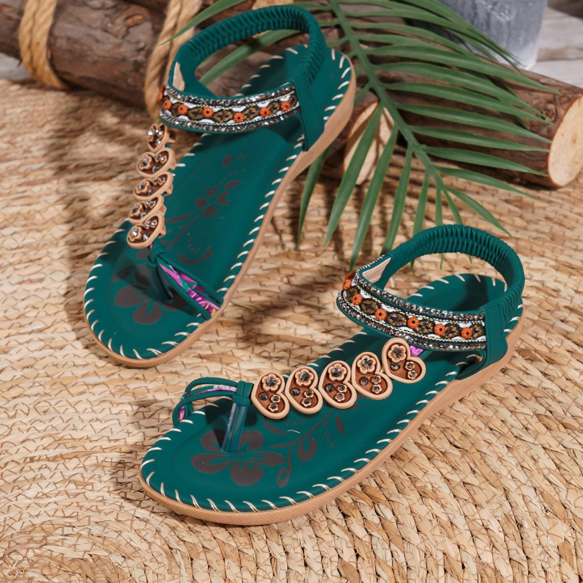 Boho Sandals for Women ⎜ Comfortable Summer Shoes with Rhinestones and Toe Separators for Everyday Wear & Beach