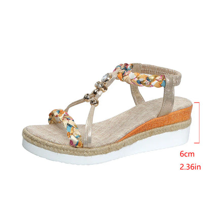 Women's Wedges with Braided Strap ⎜ Comfortable Sandals with Pearl Details and Fashionable Sole