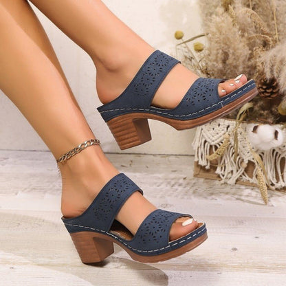 Women's Block Heel Sandals ⎜ Comfortable and Breathable Shoes with Perforated Details and Trendy Design