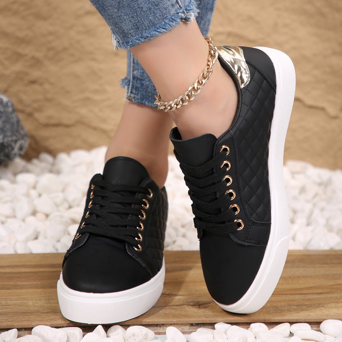 Sneakers for Women ⎜ Comfortable Casual Shoes with Stitched Design and Golden Details