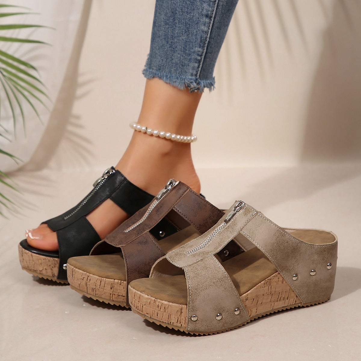 Platform Loafers for Women ⎜ Comfortable Wedges with Zip and Peep Toe for Summer