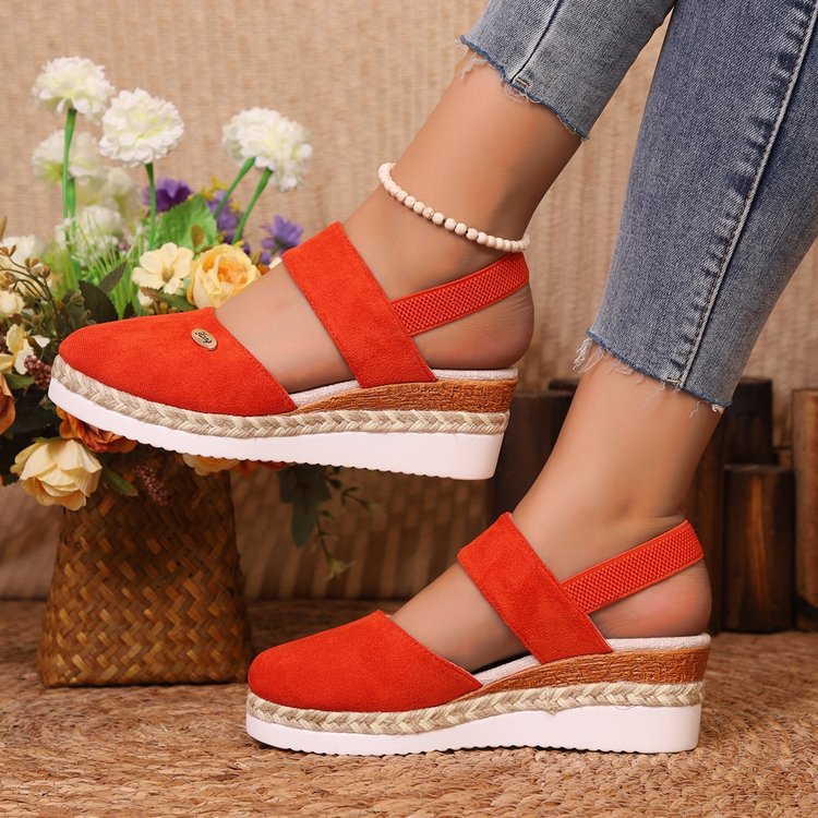 Women's Wedges with Elasticated Strap ⎜ Comfortable Espadrilles with Jute Cane Details and Closed Toe Area