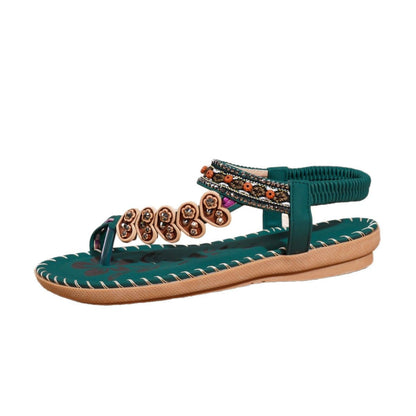 Boho Sandals for Women ⎜ Comfortable Summer Shoes with Rhinestones and Toe Separators for Everyday Wear & Beach