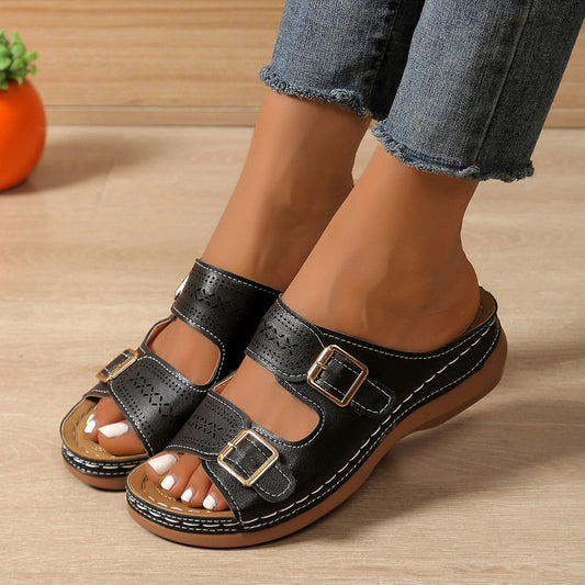 Comfort Sandals for Women ⎜ Lightweight Mules with Buckles and Wedge Sole for Everyday Wear and Leisure