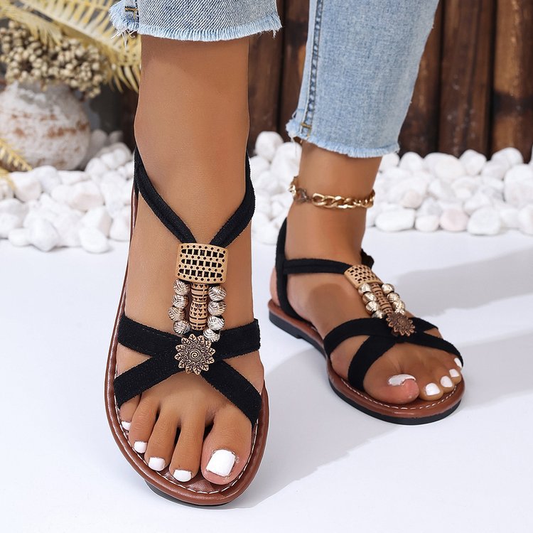 Women's Sandals with Jewellery Details ⎜ Comfortable Summer Shoes with Elasticated Strap and Metal Elements