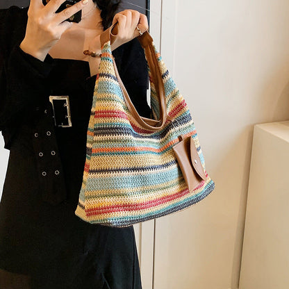Crochet Bag for Women ⎜ Colourful Cotton Shoulder Bag with Practical Additional Pocket