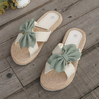 Women's Summer Mules ⎜ Comfortable Flat Slippers with Bow and Non - Slip Raffia Sole