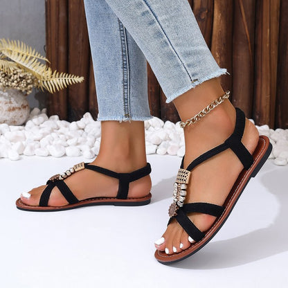 Women's Sandals with Jewellery Details ⎜ Comfortable Summer Shoes with Elasticated Strap and Metal Elements