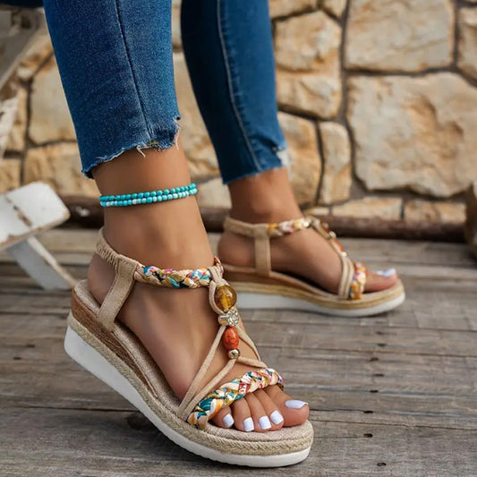 Platform Sandals for Women ⎜ Summery Wedges with a Braided Design and Elasticated Heel Strap