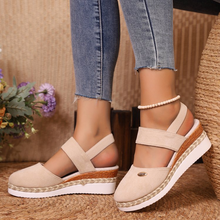 Women's Wedges with Elasticated Strap ⎜ Comfortable Espadrilles with Jute Cane Details and Closed Toe Area