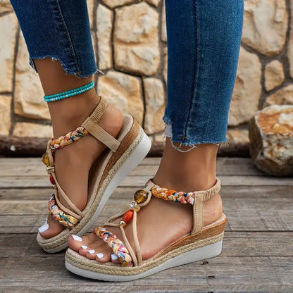 Platform Sandals for Women ⎜ Summery Wedges with a Braided Design and Elasticated Heel Strap