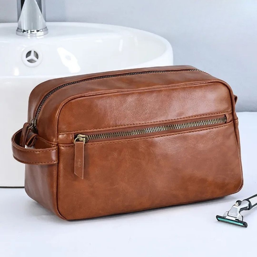 Leather Toiletry Bag for Men ⎜ Large Travel Bag with Practical Compartments and Robust Zip