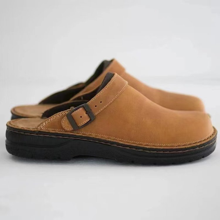 Men's Low Shoes with Straps ⎜ Comfortable Leather Clogs with Adjustable Strap and Non - Slip Sole