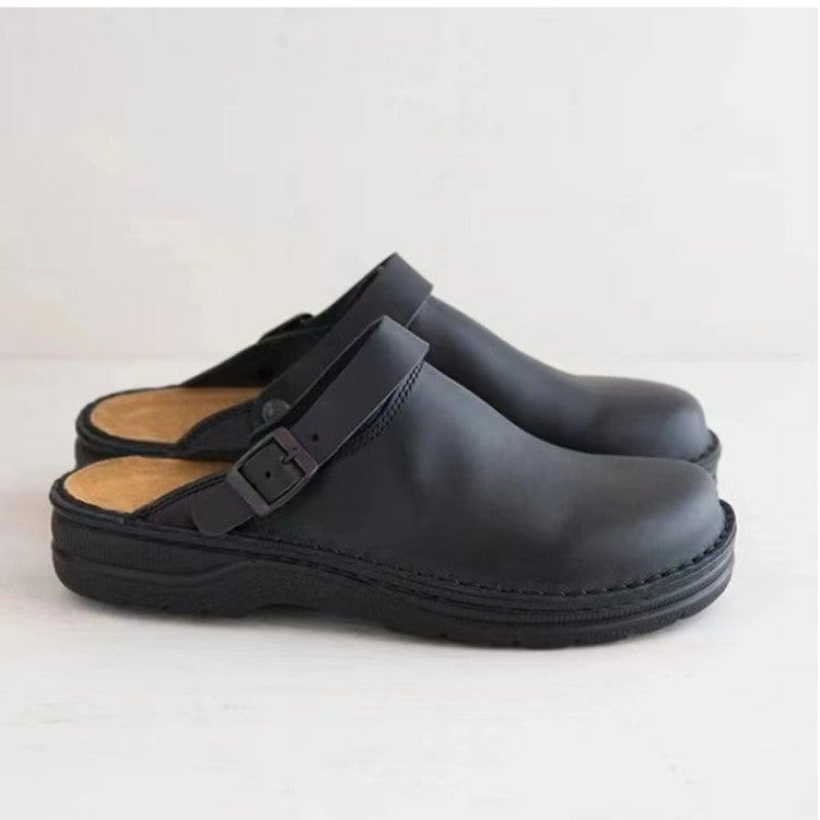 Men's Low Shoes with Straps ⎜ Comfortable Leather Clogs with Adjustable Strap and Non - Slip Sole