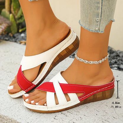 Women's Wedge Loafers with Colour Block Design ⎜ Comfortable Platform Loafers with Cross - Band Look and Wooden Style
