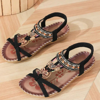 Women's Flat Sandals ⎜ Comfortable Summer Shoes with Floral and Rhinestone Decor for Everyday Wear & Beach
