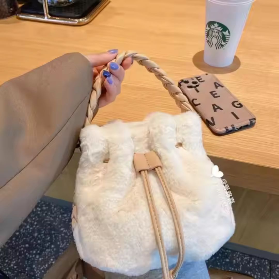 Plush Bucket Bag for Women ⎜ Soft Handbag with Braided Handle and Adjustable Shoulder Strap