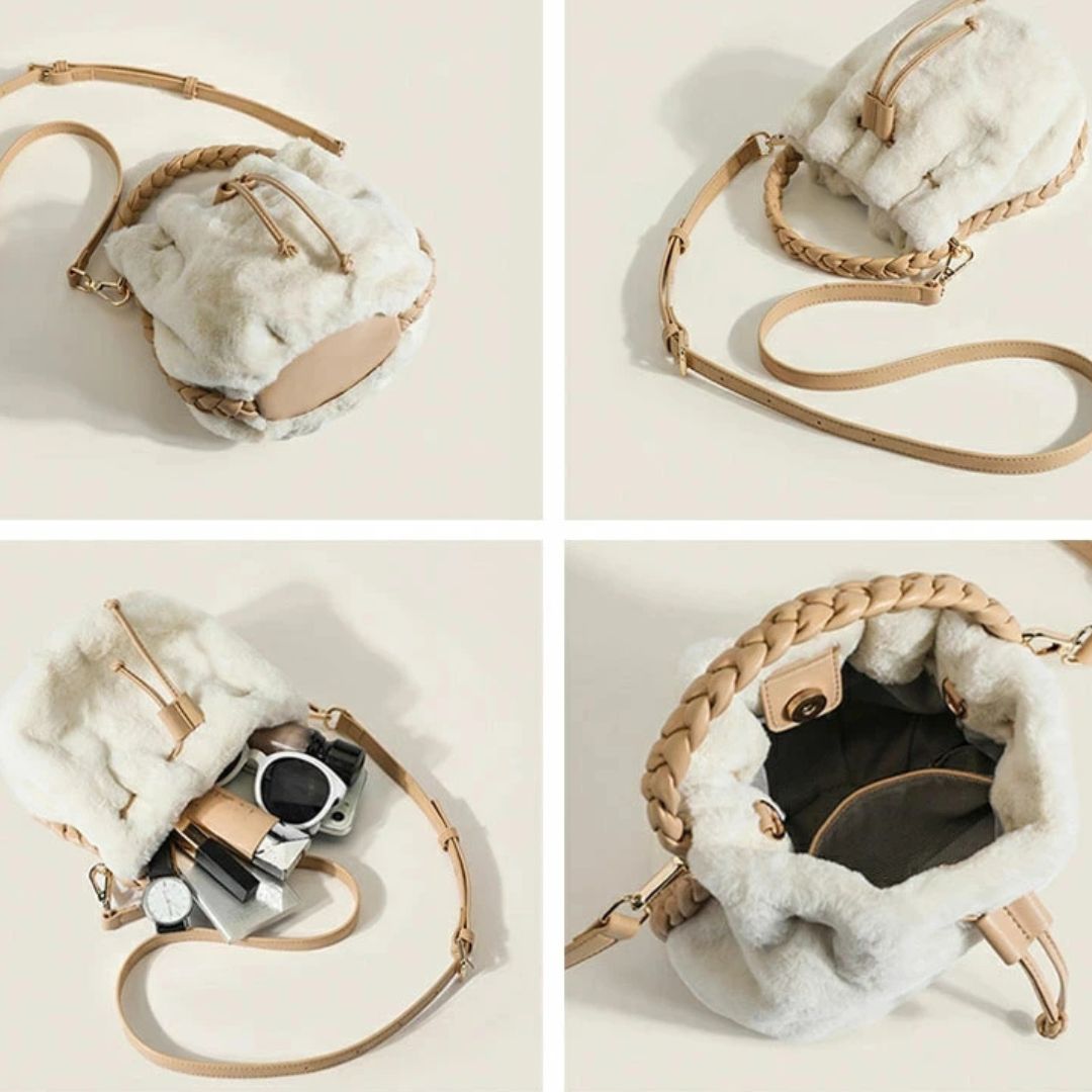 Plush Bucket Bag for Women ⎜ Soft Handbag with Braided Handle and Adjustable Shoulder Strap
