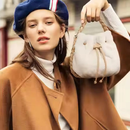 Plush Bucket Bag for Women ⎜ Soft Handbag with Braided Handle and Adjustable Shoulder Strap