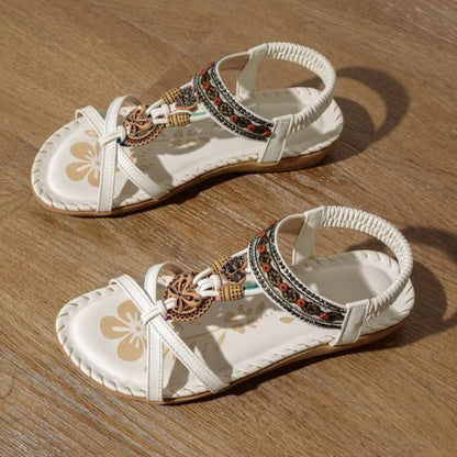 Women's Flat Sandals ⎜ Comfortable Summer Shoes with Floral and Rhinestone Decor for Everyday Wear & Beach