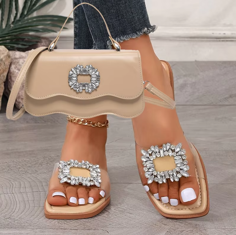 Simple Flat Sandals for Women ⎜ Transparent Summer Shoes with Rhinestone Appliqués and an Elegant Design