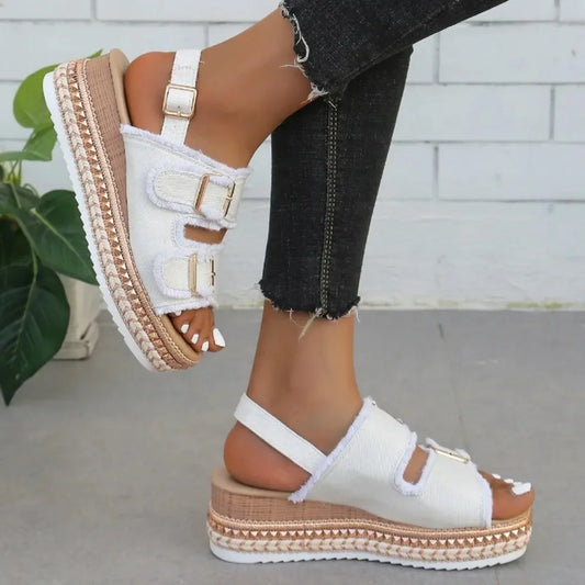 Women's Platform Sandals with Double Buckle ⎜ Stylish Summer Shoes with a Retro Look for the Beach and Leisure Time