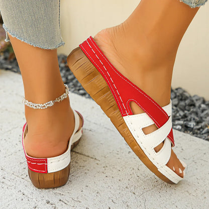 Women's Wedge Loafers with Colour Block Design ⎜ Comfortable Platform Loafers with Cross - Band Look and Wooden Style