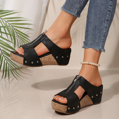 Platform Loafers for Women ⎜ Comfortable Wedges with Zip and Peep Toe for Summer