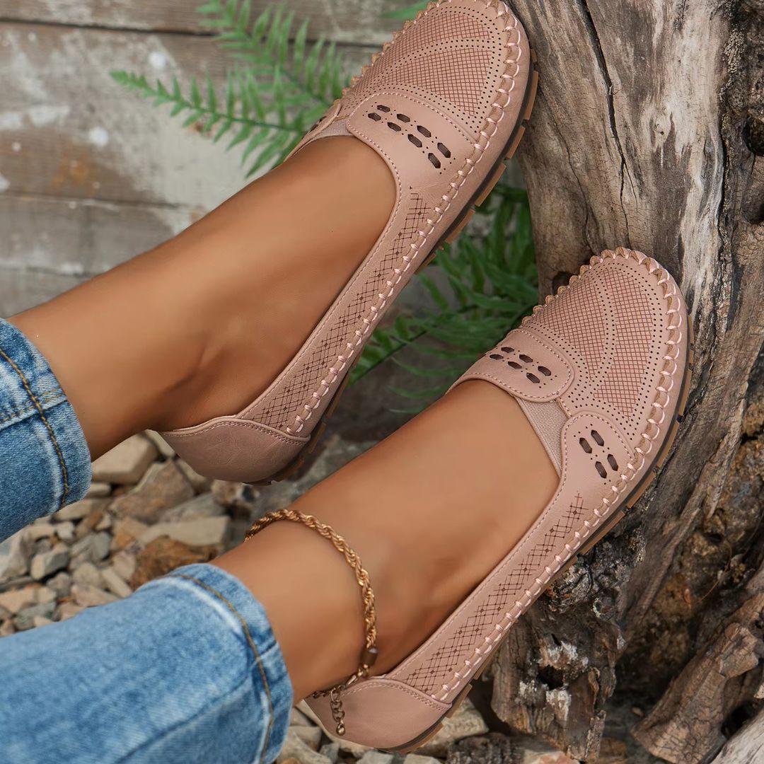 Loafers for Women ⎜ Comfortable Flat Shoes with Perforated Design and Decorative Stitching