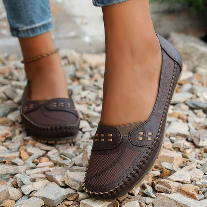 Loafers for Women ⎜ Comfortable Flat Shoes with Perforated Design and Decorative Stitching