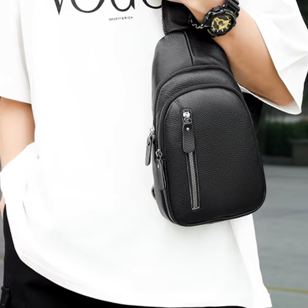 Leather Chest Bag for Men ⎜ Crossbody Design with Large Capacity and Multiple Zip Compartments