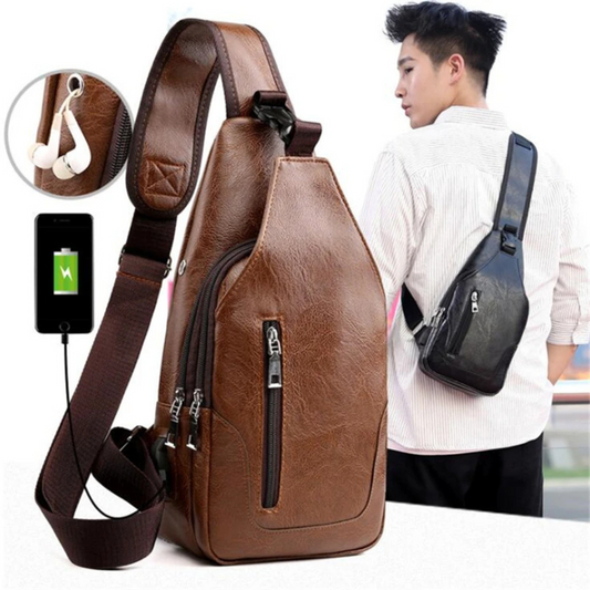 Leather Chest Bag for Men ⎜ Vintage Crossbody Design with Usb Port and Multiple Zip Compartments