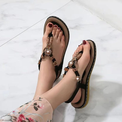Women's Sandals with Wooden Beads ⎜ Comfortable Flat - Soled Shoes in a Casual Style with a Braided Design