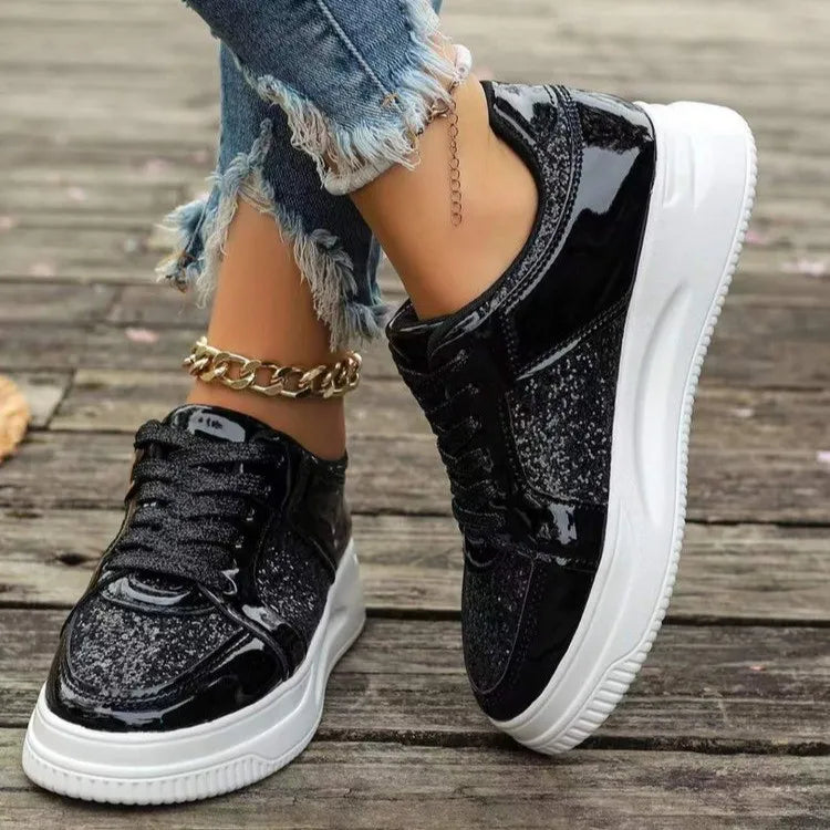 Women's Trainers ⎜ Shiny Lace - Up Shoes with a Glitter Effect and Thick Sole Tread for Everyday Wear