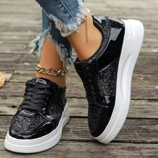Women's Trainers ⎜ Shiny Lace - Up Shoes with a Glitter Effect and Thick Sole Tread for Everyday Wear