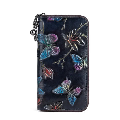 Women's Clutch with Zip ⎜ Vintage Design with Floral Embossing and Practical Wrist Strap