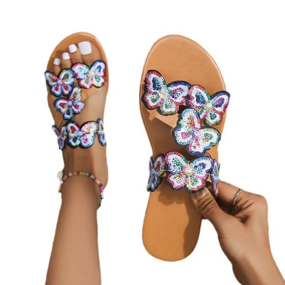 Women's Flat Sandals ⎜ Comfortable Summer Shoes with Butterfly Decor and Open Design for Beach & Leisure