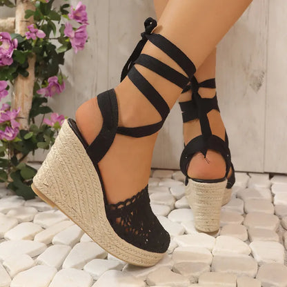 Wedge Heel Sandals for Women ⎜ Summery High Heels with a Raffia Sole and Elegant Lacing