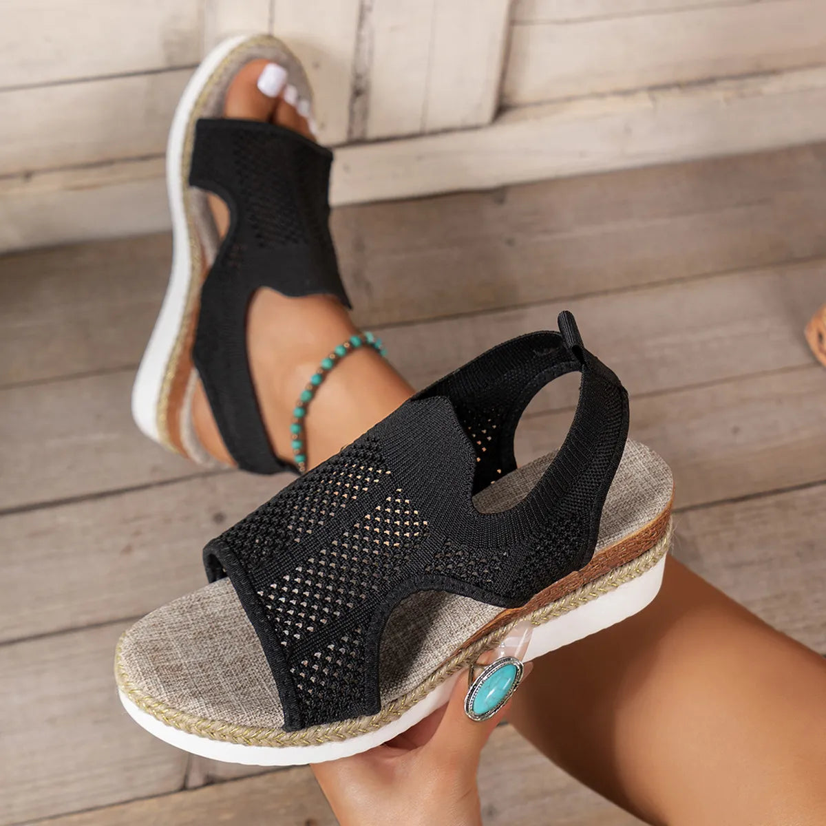 Women's Wedge Sandals ⎜ Comfortable Summer Shoes with Knitted Design and Open Toe for Summer