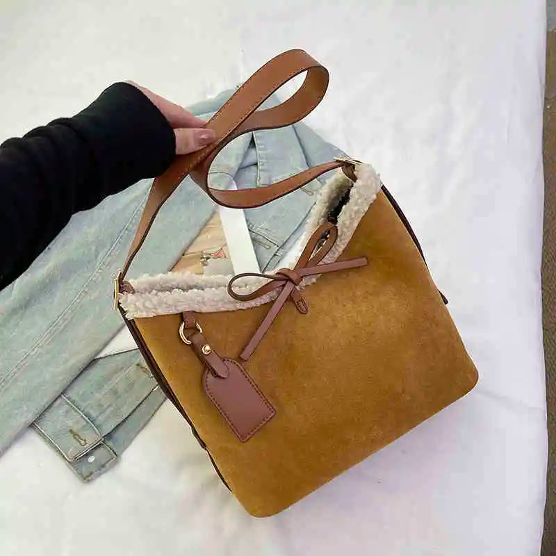 Retro Shoulder Bag for Women ⎜ Large Suede Bag with Soft Lining and Decorative Bow Fastening