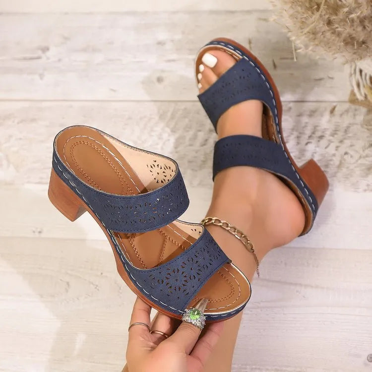 Women's Block Heel Sandals ⎜ Comfortable and Breathable Shoes with Perforated Details and Trendy Design