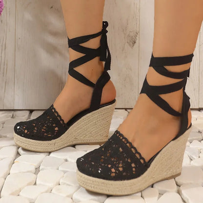 Wedge Heel Sandals for Women ⎜ Summery High Heels with a Raffia Sole and Elegant Lacing