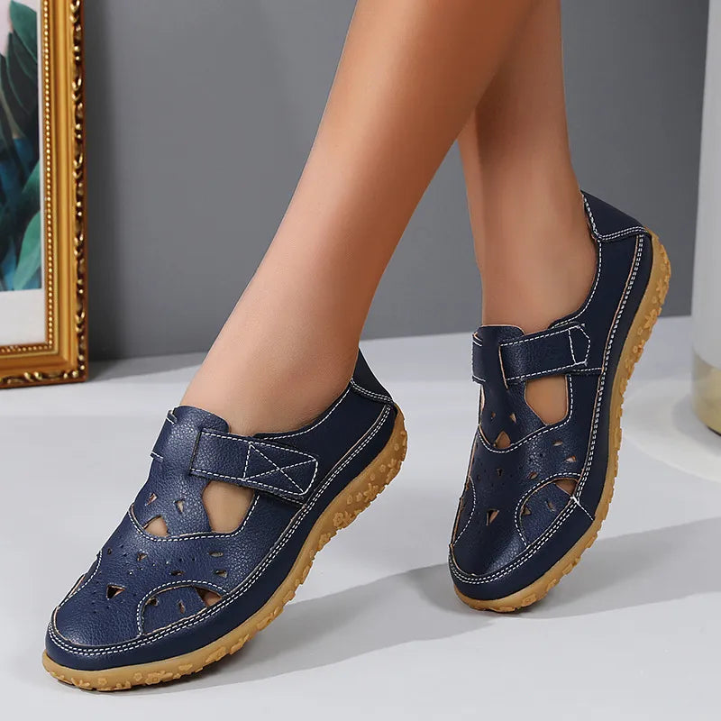 Women's Summer Shoes with Velcro Fastening ⎜ Comfortable Flats with Perforated Pattern and Non - Slip Sole