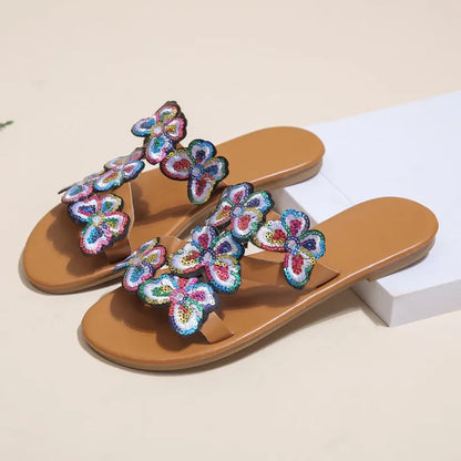 Women's Flat Sandals ⎜ Comfortable Summer Shoes with Butterfly Decor and Open Design for Beach & Leisure