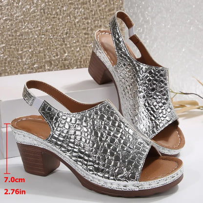 Block Heel Sandals for Women ⎜ Chic Peep - Toe Shoes with a Shiny Finish and Comfortable Wear
