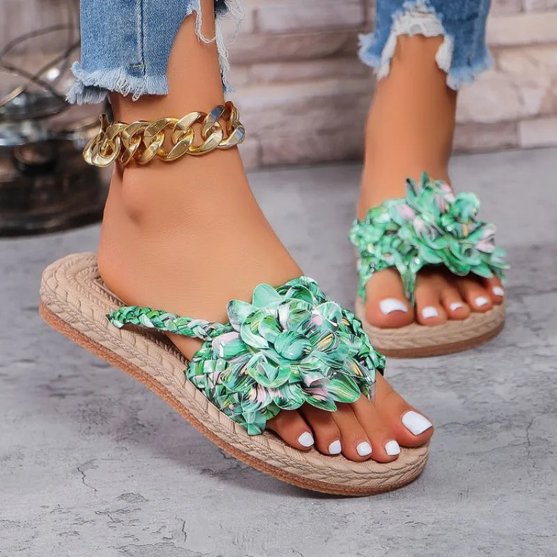 Colourful Women's Flip - Flops ⎜ Comfortable Summer Shoes with Floral Appliqués and Braided Design