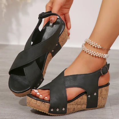 Women's Summer Wedge Sandals ⎜ Comfortable Platform Sandals with Straps and Studs for Everyday Wear & Leisure