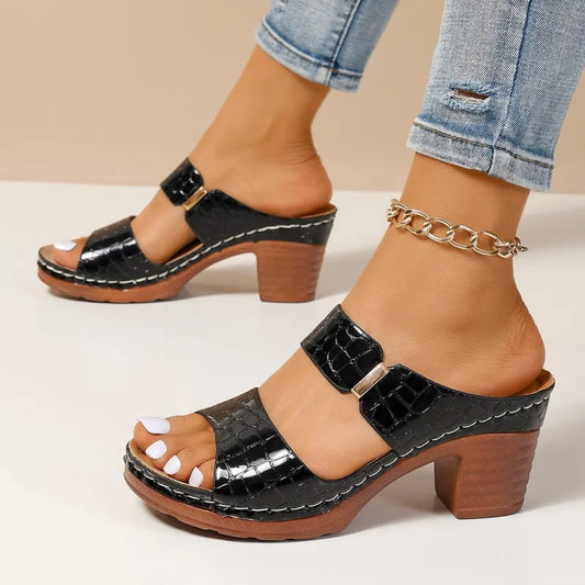 Women's Wedge Sandals ⎜ Comfortable Mules with Stone Pattern and Open Toe for Everyday Wear & Leisure