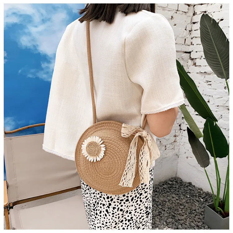 Women's Basket Bag ⎜ Handmade Shoulder Bag Made From Straw Wire with a Playful Floral Design