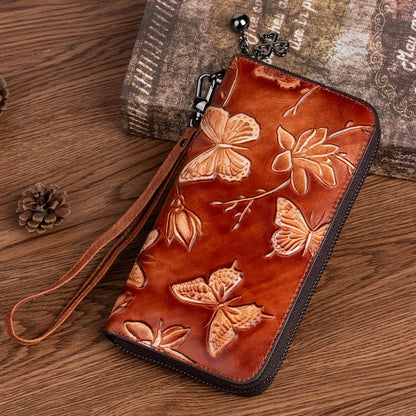 Women's Clutch with Zip ⎜ Vintage Design with Floral Embossing and Practical Wrist Strap